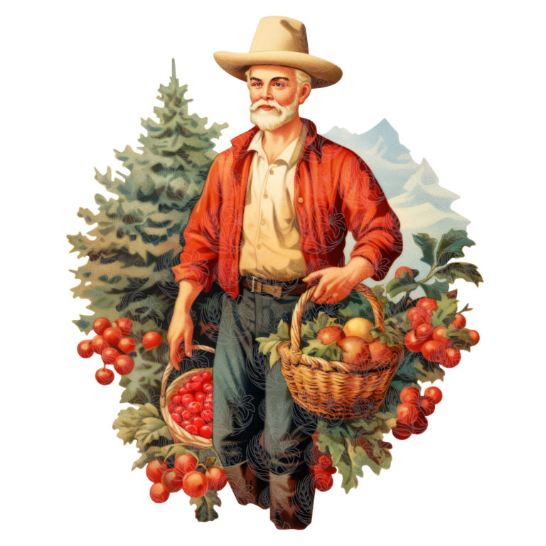 Vintage farmer christmas illustration holding fruit baskets surrounded by berries pine trees and mountains Grey Barn Handwerk, Saskatchewan.